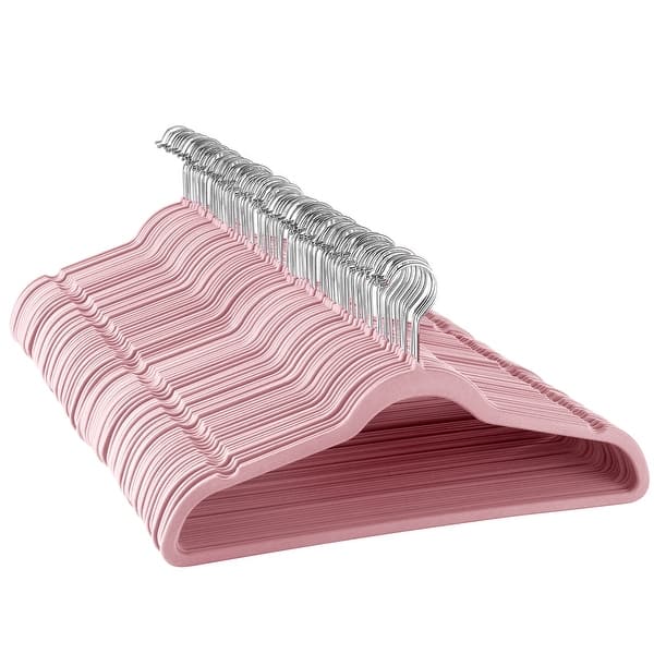slide 1 of 1, Elama Home 100 Piece Velvet Slim Profile Heavy Duty Felt Hangers with Stainless Steel Swivel Hooks in Pink