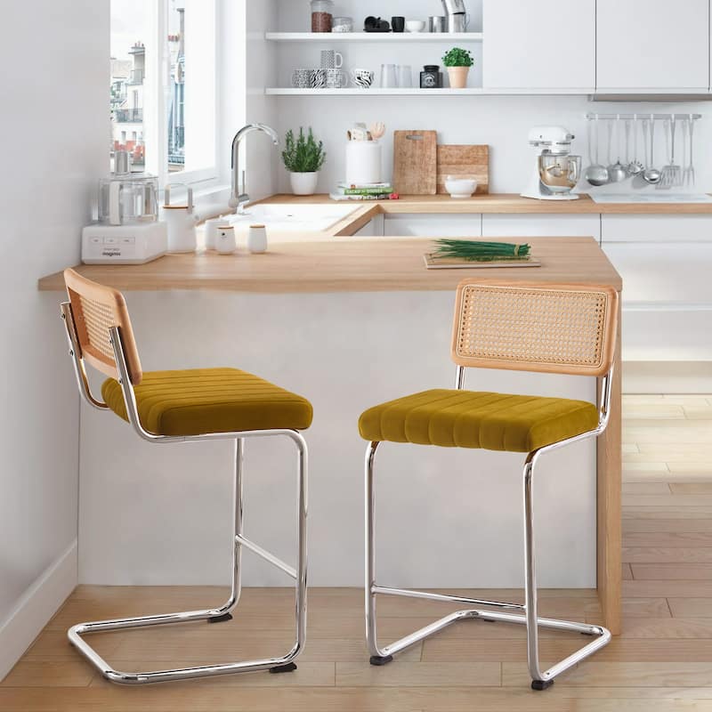 Velvet Upholstered Rattan Counter/Bar Stools, Set of 2/3