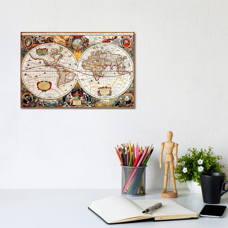 iCanvas "Antique Double Hemisphere Map of The World (Hondius, Henricus c 1630)" by Unknown Artist Canvas Print - 8x12x0.75