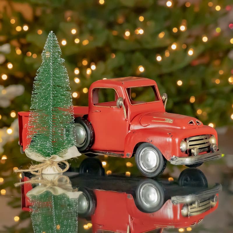 Red Iron Pickup Truck with Christmas Tree - 16.22"x6"x6.5"T