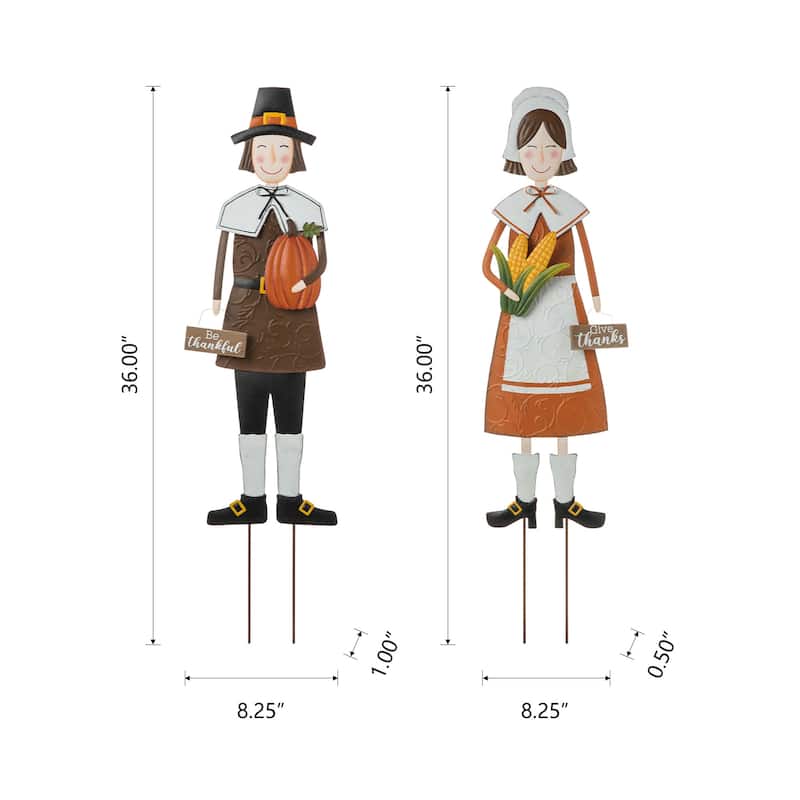 Glitzhome 36"H Fall Thanksgiving Metal Pilgrim Yard Stake Standing Hanging Decor (3 Functions)