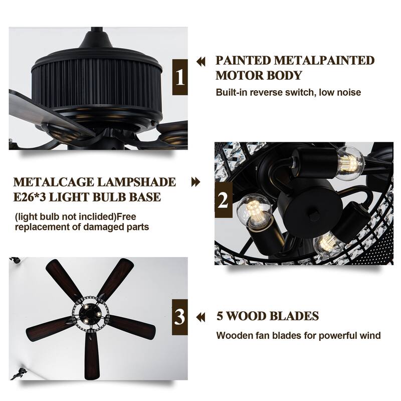 52" Modern Indoor Reversible Crystal Drum Ceiling Fan with Remote Control and Light Kit Chrome