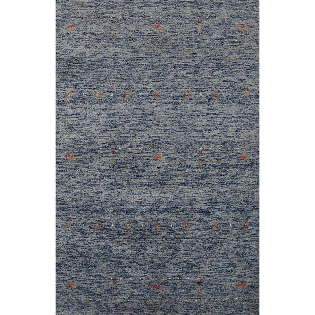 Hand Knotted Oriental 100% Wool Carpet Tribal Stripe Navy Blue & Blues Gabbeh Area Rug - 5' 10'' X 4' 0''