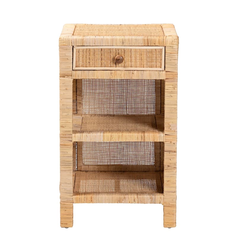 Bella Modern Bohemian Natural Brown Mahogany Wood and Natural Rattan 1-Drawer Nightstand