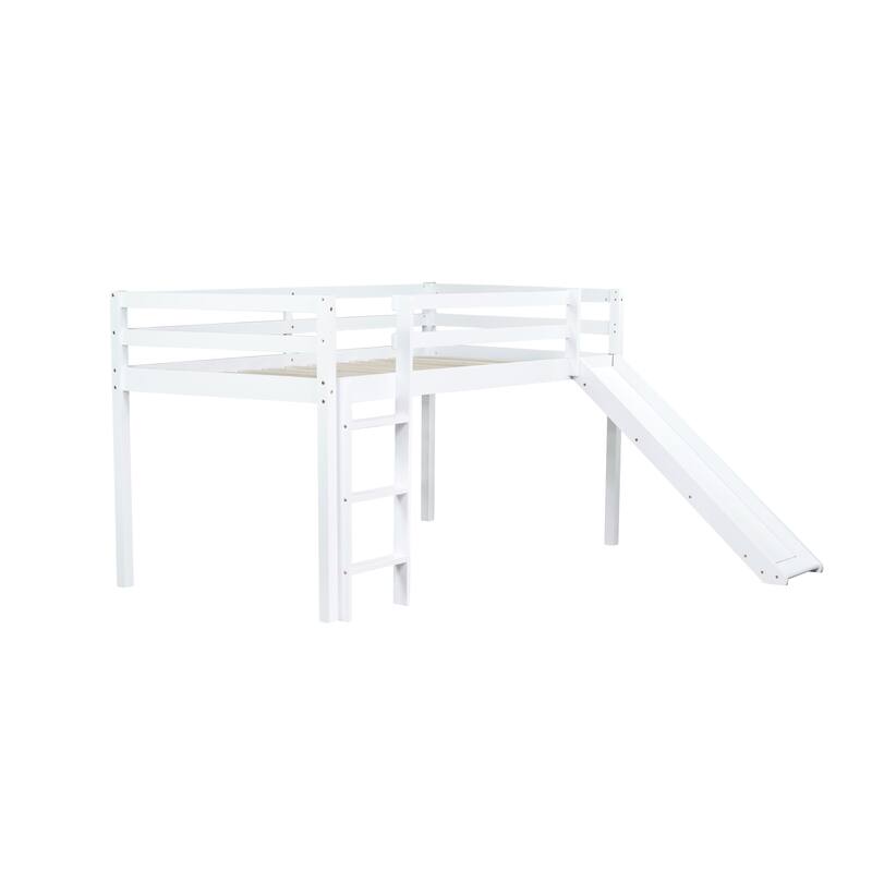 Twin Low Loft Bed with Slide, Ladder, and Storage Space, Rubber Wood Construction with High Guardrails for Safety