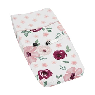 Burgundy and Pink Watercolor Floral Girl Changing Pad Cover - Blush Maroon Wine Rose Green White Shabby Chic Flower Farmhouse