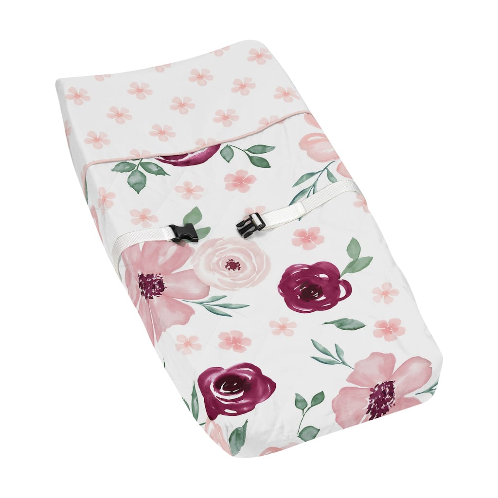 Burgundy and Pink Watercolor Floral Girl Changing Pad Cover - Blush Maroon Wine Rose Green White Shabby Chic Flower Farmhouse