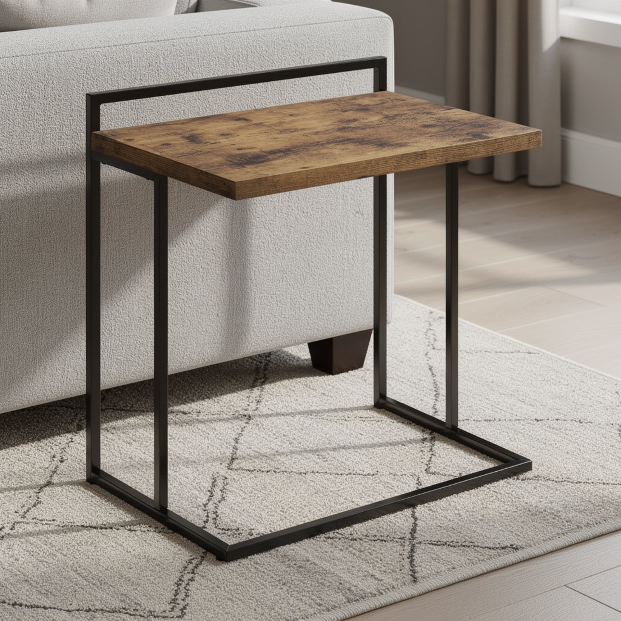 Dey 27 Inch C Shape Side End Table, Nutmeg Brown Top, Matte Black Base