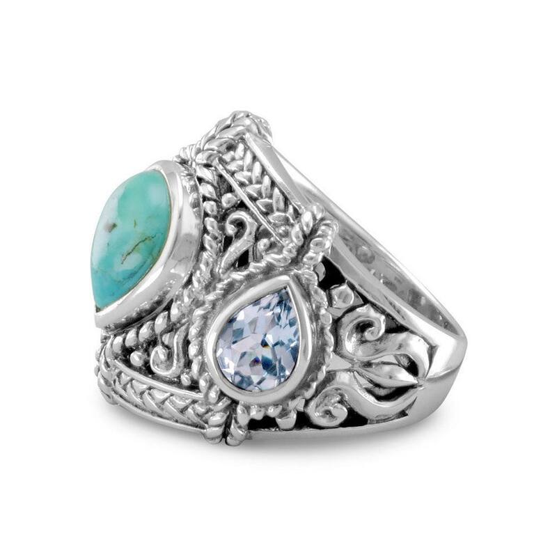 Curata 925 Sterling Silver Blue Topaz and Simulated Turquoise Ring Ornate Oxidized