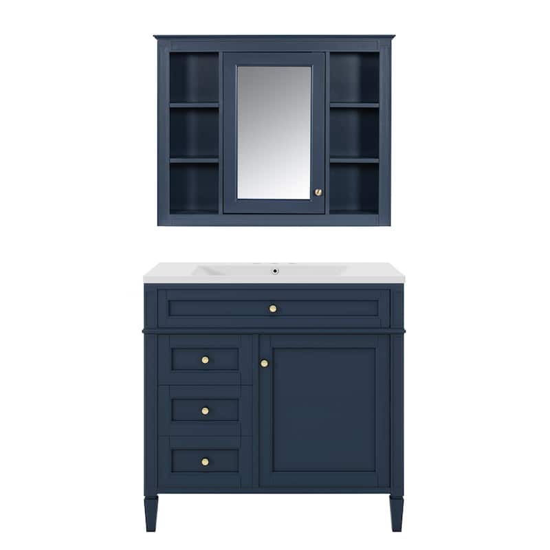 36'' Bathroom Vanity Set with Mirror Cabinet, Modern Bathroom Storage Cabinet with 2 Soft Closing Doors and 4 Drawers