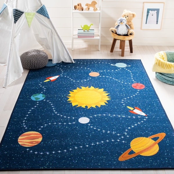 slide 2 of 23, SAFAVIEH Kids Playhouse Machine Washable Slip Resistant Estel Neighborhood Road Rug 3'3" Square - Navy/Gold - Square
