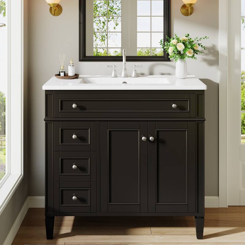 36" Bathroom Vanity with Sink, Modern Bathroom Sink Cabinet with 4 Drawers & 2 Doors, Solid Wood Frame - Black - 36"