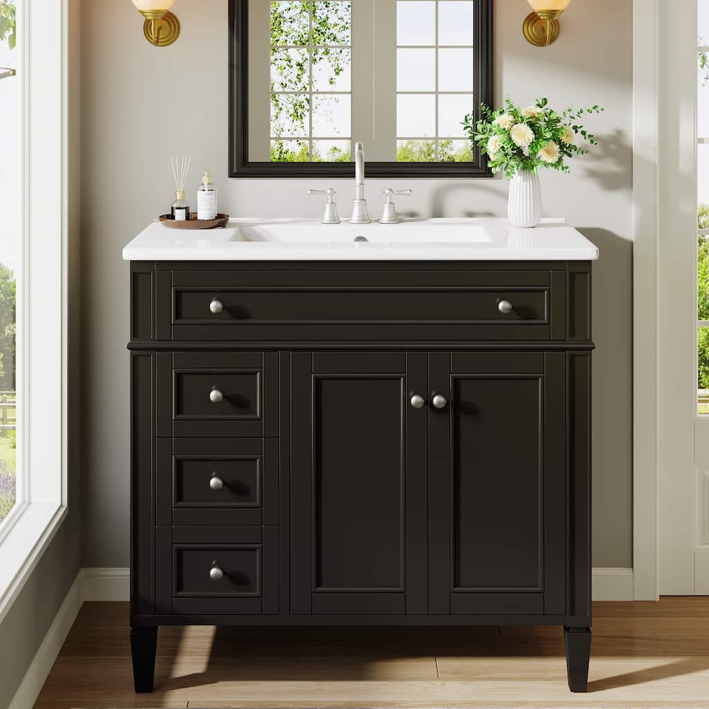 36" Bathroom Vanity with Sink, Modern Bathroom Sink Cabinet with 4 Drawers & 2 Doors, Solid Wood Frame