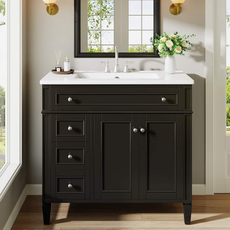 36'' Freestanding Bathroom Vanity with Integrated Ceramic Sink, Tip-Out Drawer, Door Organizer - 36" - Black