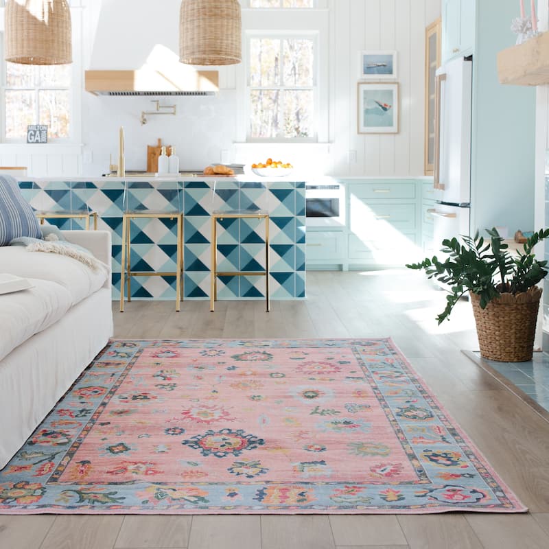 Ainsley Vintage Traditional Pink/ Blue Printed Washable Flat Pile Area Rug