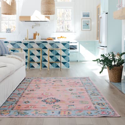 Ainsley Vintage Traditional Pink/ Blue Printed Washable Flat Pile Area Rug
