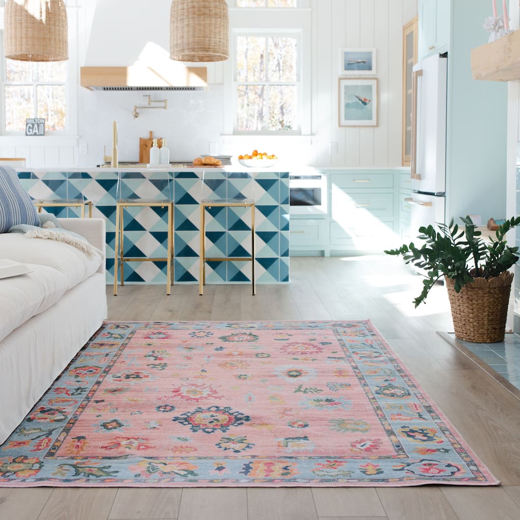 Ainsley Vintage Traditional Pink/ Blue Printed Washable Flat Pile Area Rug