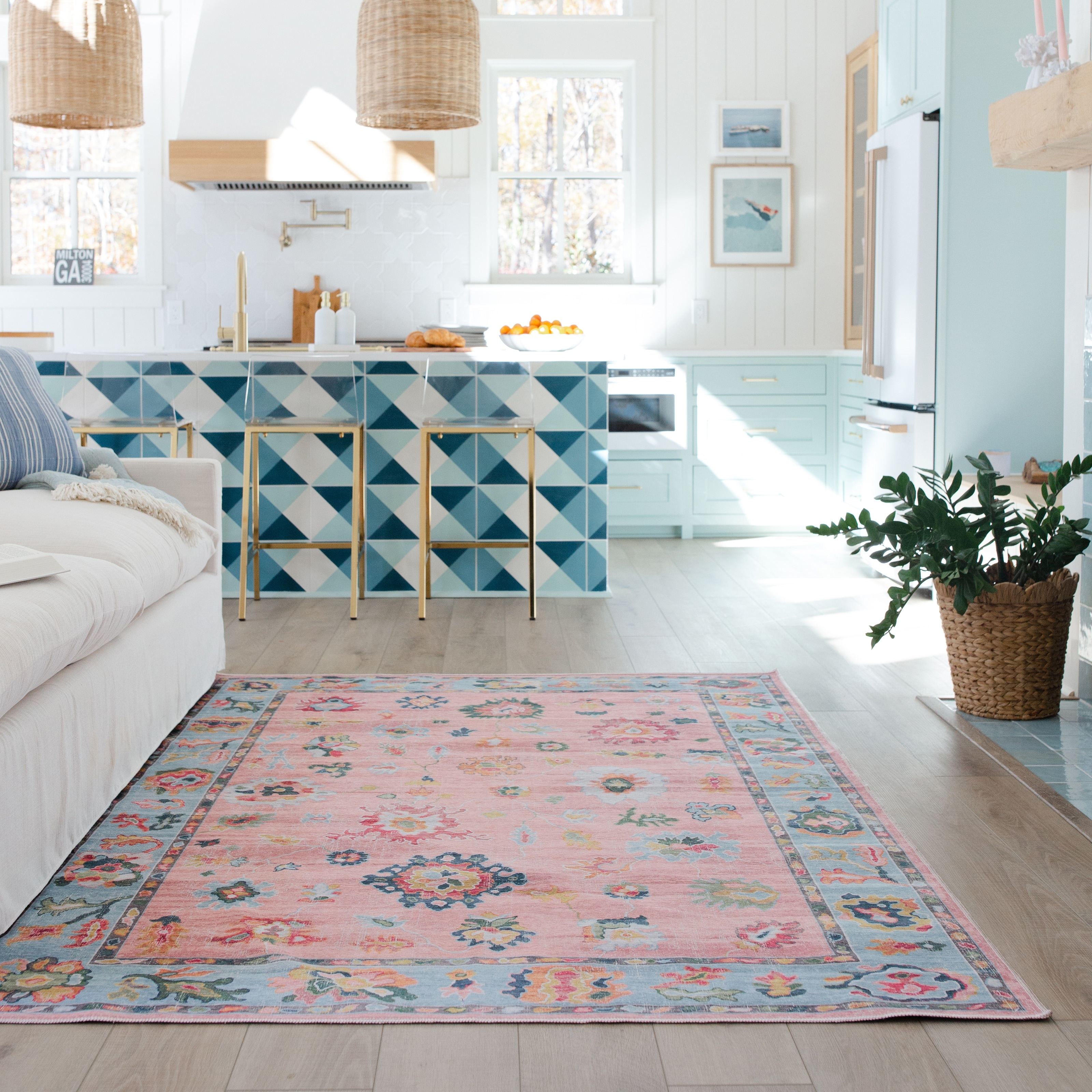 ROW Addison Vintage Traditional Pink/ Blue Printed Washable Flat Pile Rug