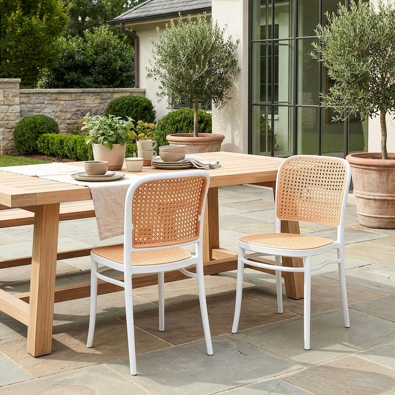 Set of 2 Balto White Plastic Dining Chair with Rattan Detail