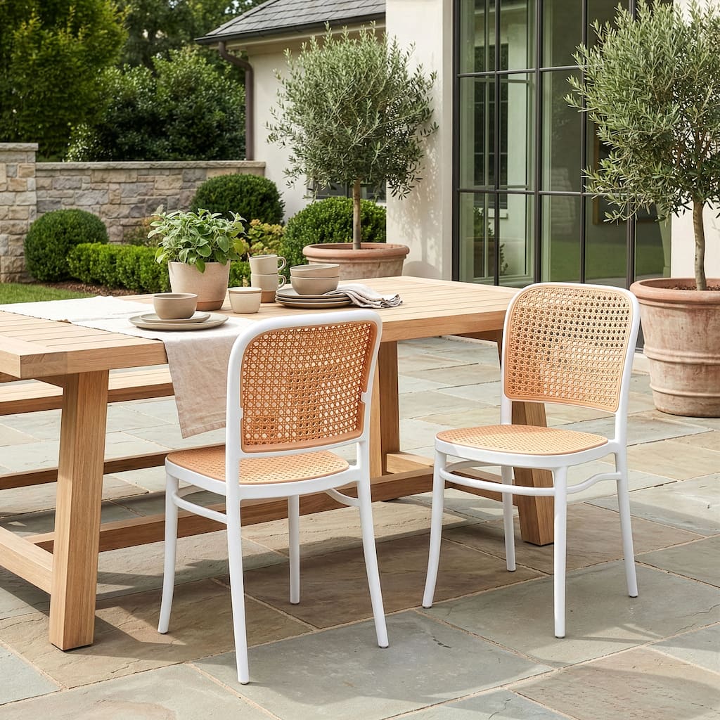 Set of 2 Balto White Plastic Dining Chair with Rattan Detail