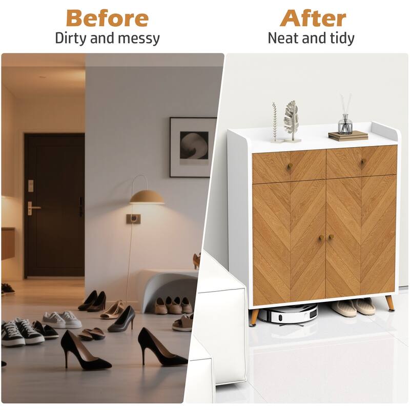 Modern 4-Tier Shoe Cabinet with 2 Drawers and Adjustable Shelves, Herringbone Wooden Freestanding Shoe Storage for Entryway