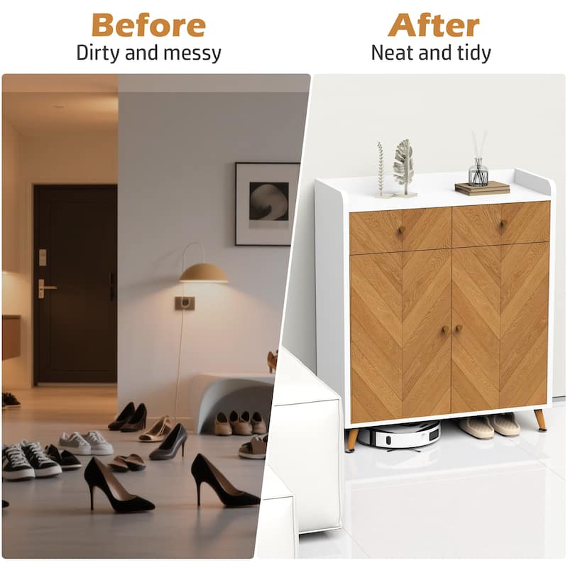 Shoe Cabinet, 4-Tier Shoe Rack Organizer with 2 Drawer, Herringbone Wooden Freestanding Shoe Storage Cabinet with 2 Door