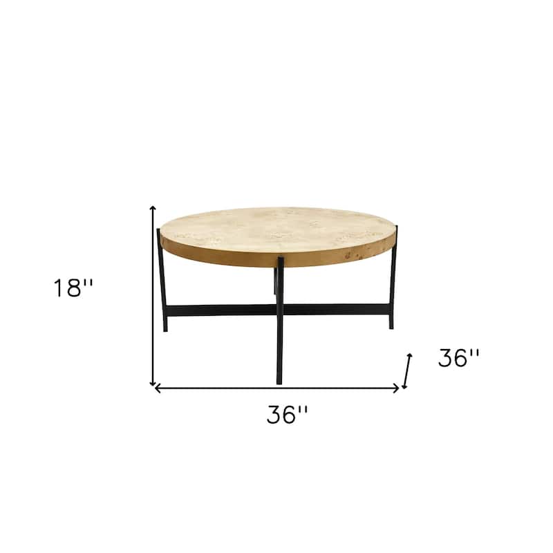 HomeRoots 36" Natural And Black Wood and Iron Round Coffee Table - 36' X '18' X '36