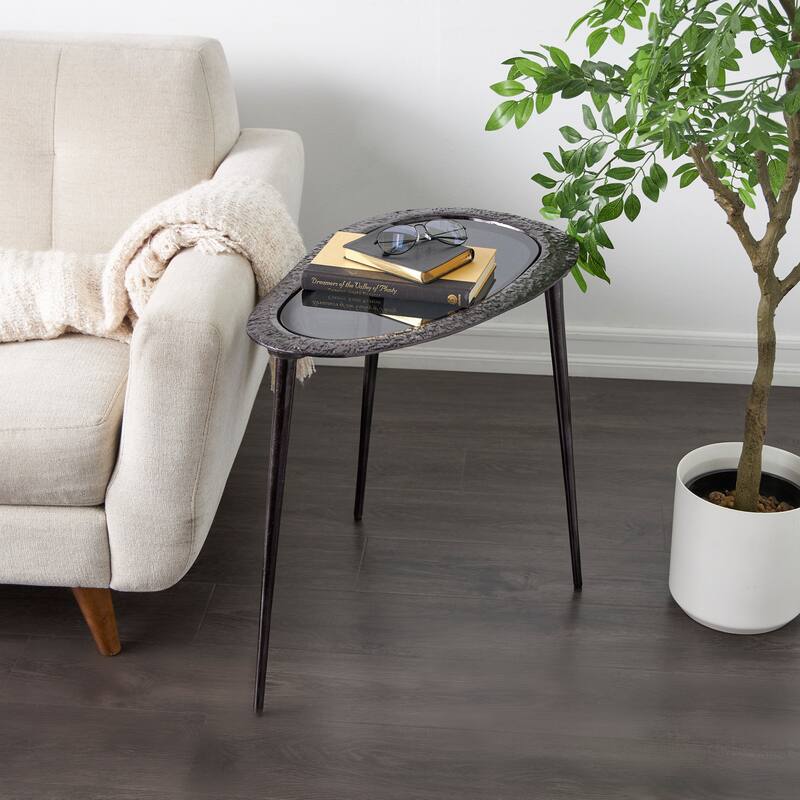 Black Aluminum Metal Abstract Oval Shaped Accent Table with Shaded Glass Top - Black - 23"W, 23"H