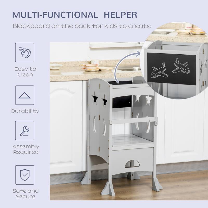 Qaba Kids Kitchen Foldable Step Stool Toddler Kitchen Stool w/ Chalkboard Lockable Handrail for 3-6 Years