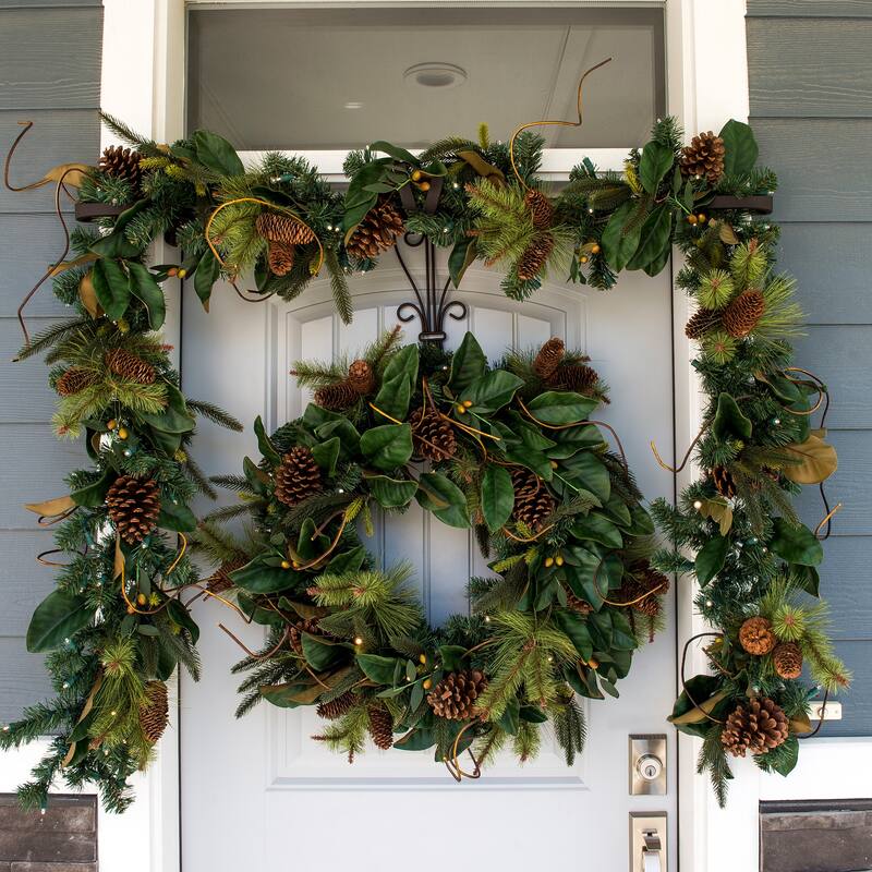 9 ft. Artificial Garland with Lights - Magnolia Leaf - Green
