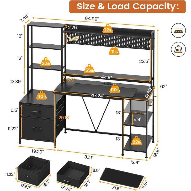Computer Desk Gaming Desk 2 Drawers Shelves Pegboard 8 Hooks