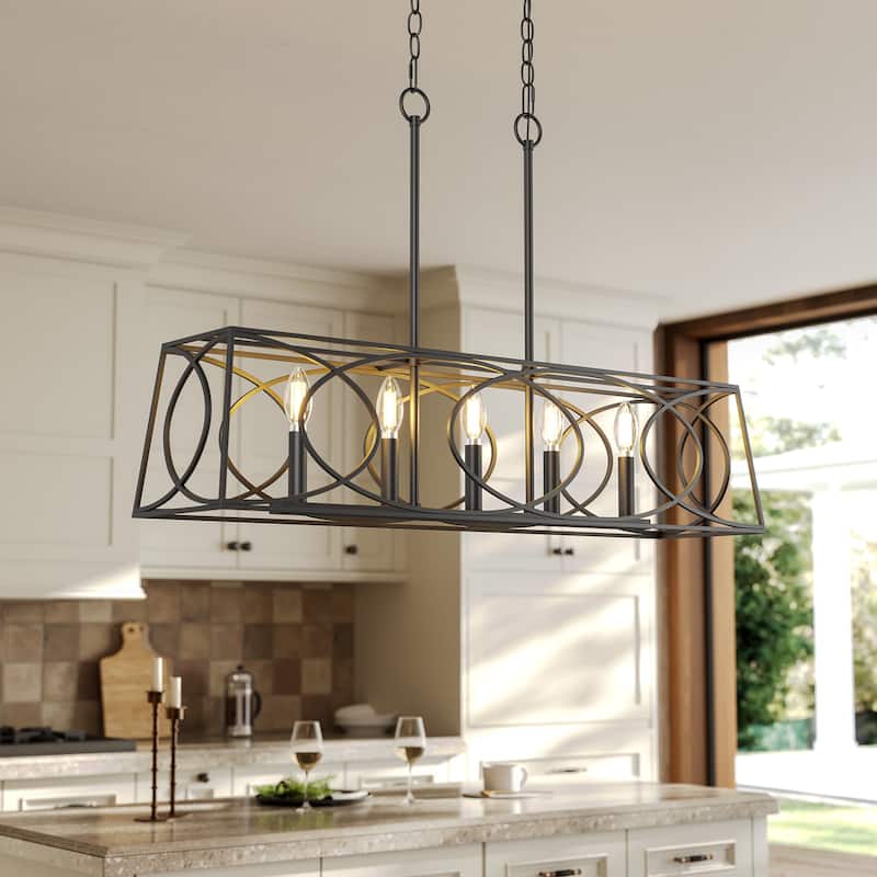 36''W Modern Linear Chandelier with Adjustable Height, Geometric Pendant Light - Matte Black