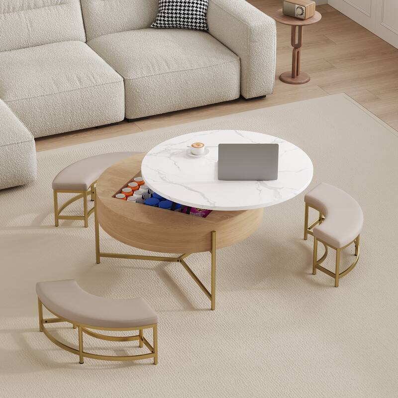 31.50" Elegant Round Lift-Top Coffee Table Set with Hidden Storage & 3 Nesting Ottomans, Modern Living Room Center Table