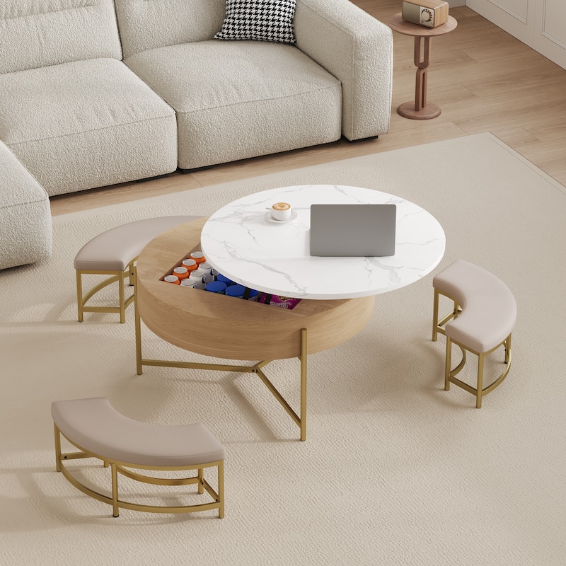 Modern Round Lift-Top Coffee Table with Storage & 3 Ottoman