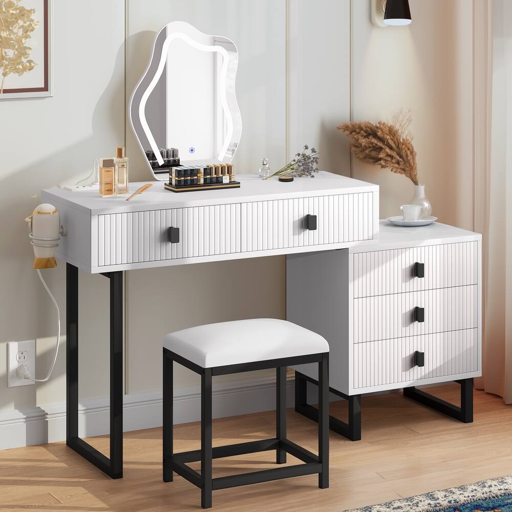 Moasis Makeup Vanity Set with Mirror Stool Power Station 5 Drawers Dressing Table Desk - 43.3 x 15.74 x 49.9 inch (L x W x H)