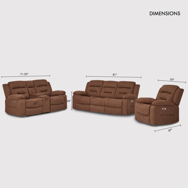 3-Piece Modular Power Recliner Fabric Sofa Set with USB&USB-C Charging For Livingroom