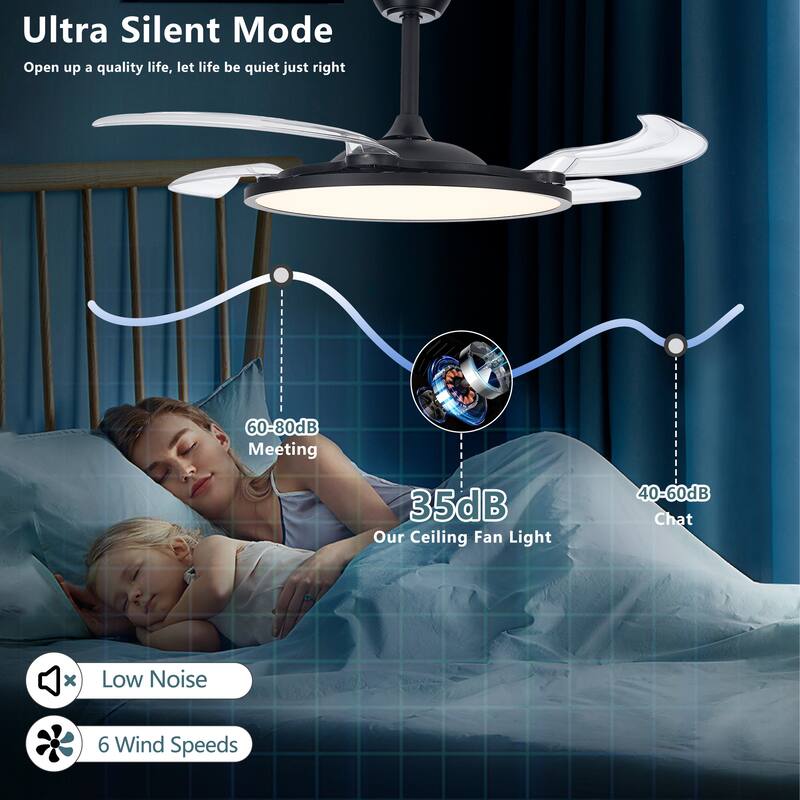 42 Inch Retractable Ceiling Fan with Light, Smart APP/Remote Control Ceiling Fan Light for Bedroom Living Room