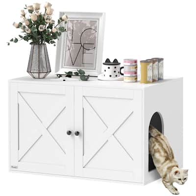 PawHut Cat Litter Box Enclosure, Hidden Litter Box Furniture with Barn Door, Cat Hole, Indoor Pet House Washroom, End Side Table