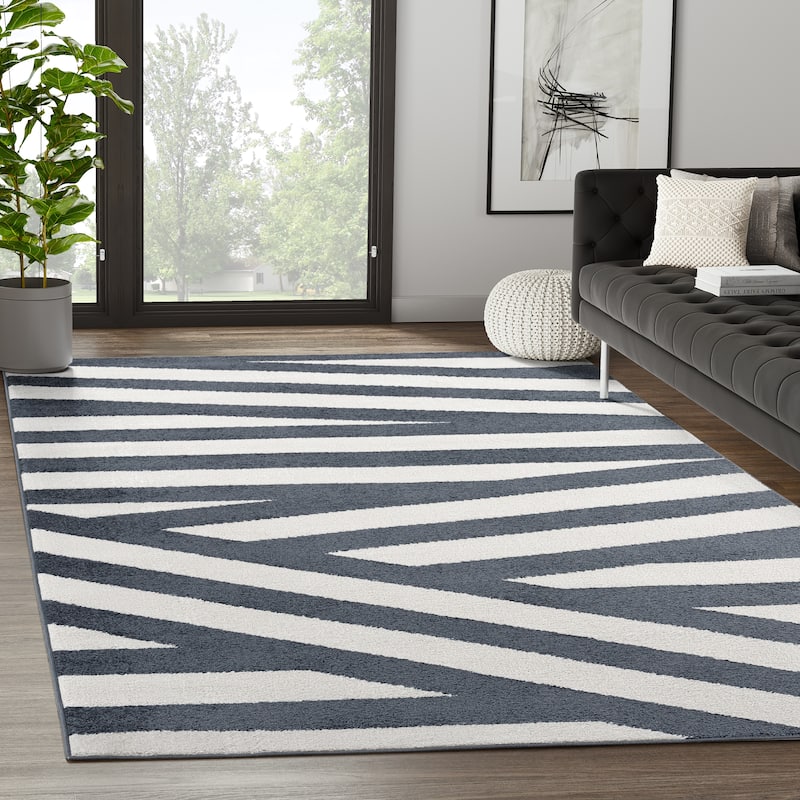 Abani Rugs Nuevo NU160A Black White Large Pinstripe Area Rug - 5'3" x 7'6" - Cream