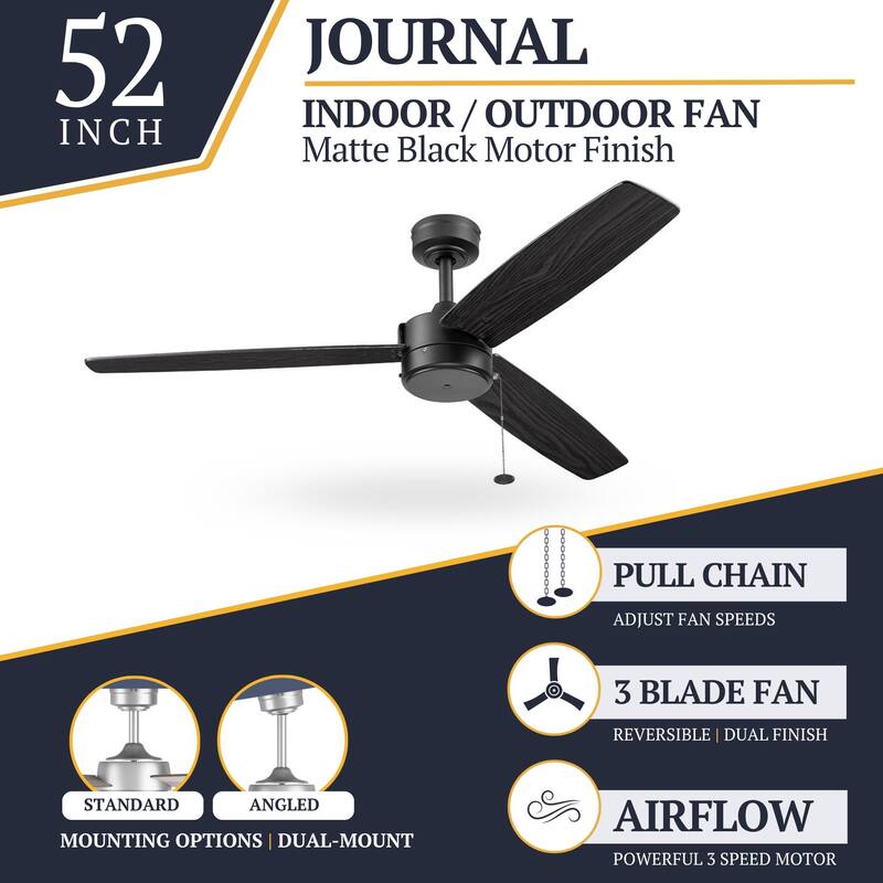 52" Prominence Home Journal Matte Black Contemporary Indoor/Outdoor Ceiling Fan with No Light, Pull Chain