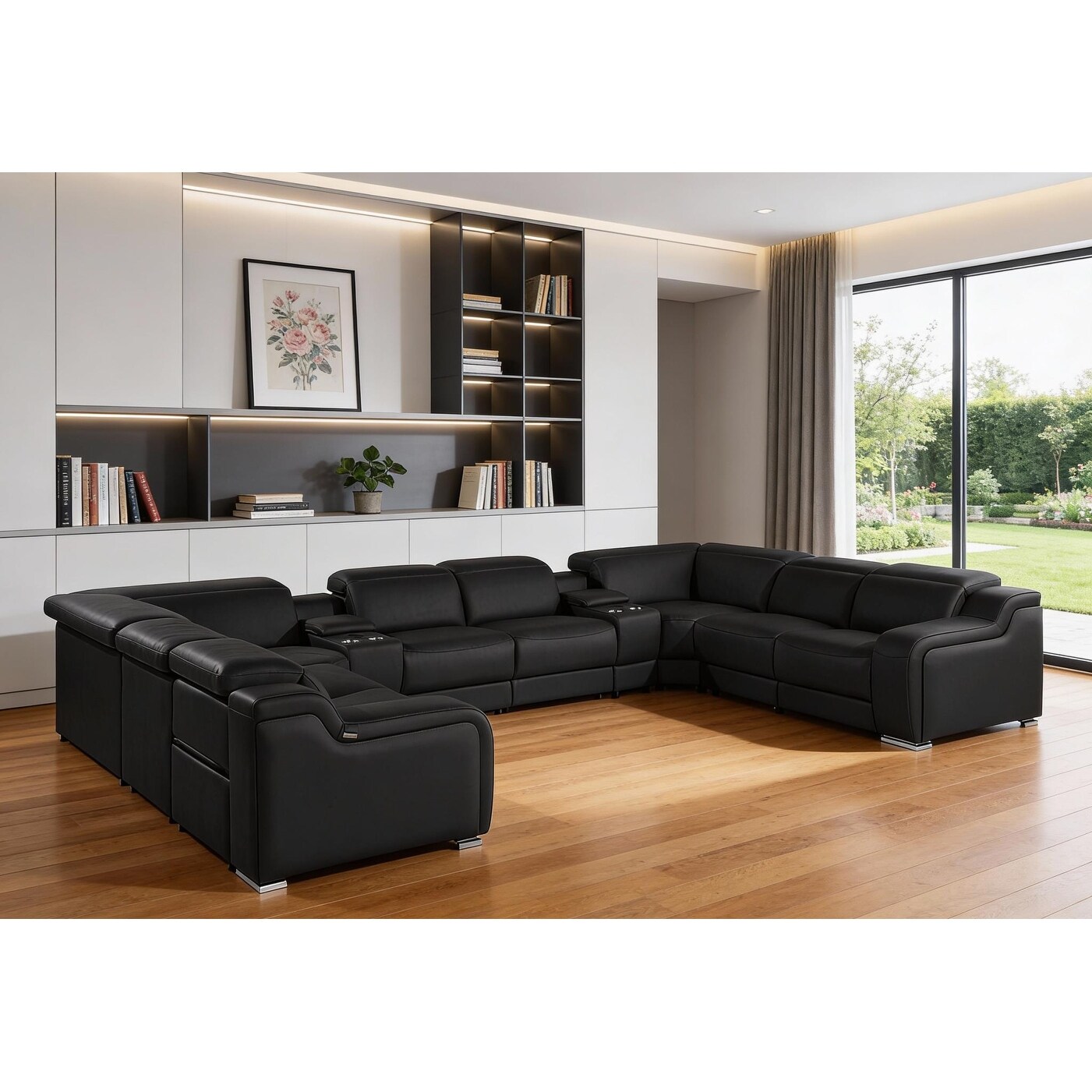 HomeRoots Black Italian Leather Power Reclining U Shaped Ten Piece Corner Sectional With Console