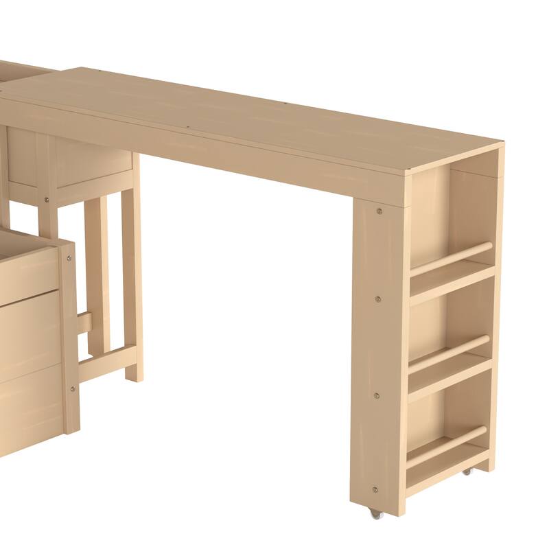 Full/Twin Daybed with Trundle & Storage Drawers - Wood Frame with Side Shelves and Desk