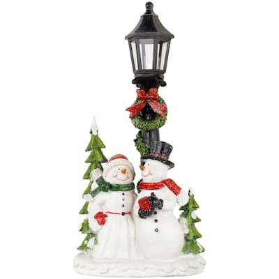Glittered Snow Couple Under Lighted Street Lamp Christmas Decoration - 14"