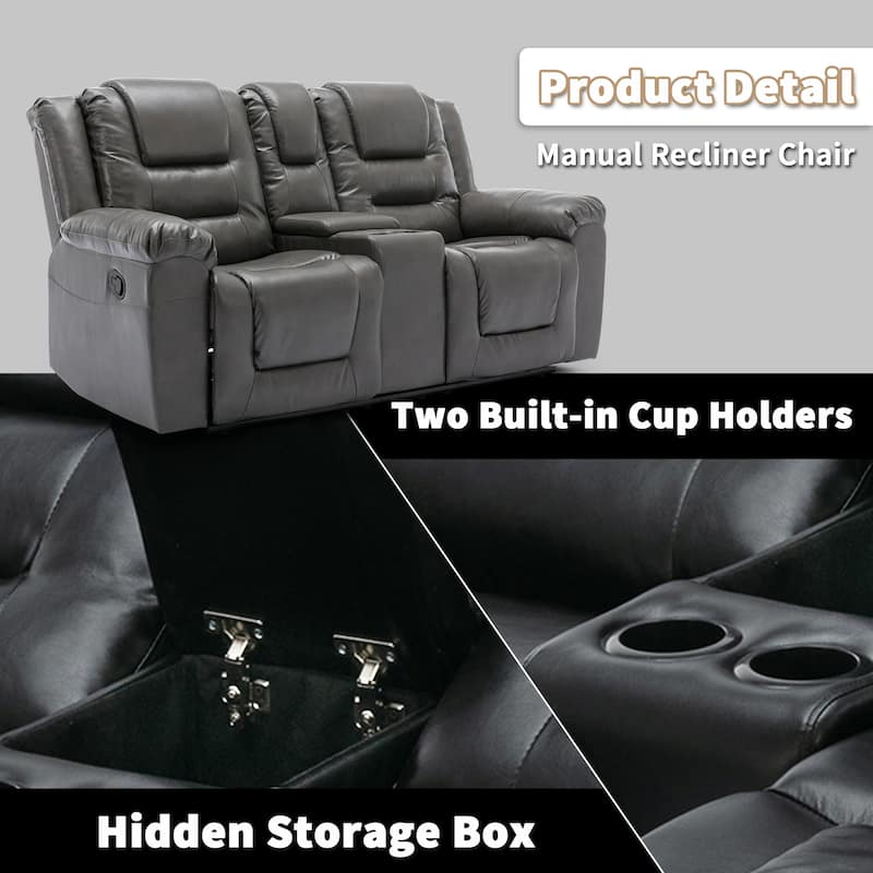 Roomfitters 2-Seater Manual Home Theater Recliner Chair with Storage Box and Cup Holders, Grey