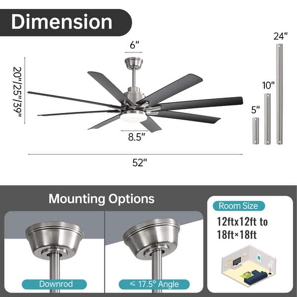 dimension image slide 0 of 19, Sofucor 52/66/72/76/84Inch Large Ceiling Fan with Dimmable LED Light ,Remote&APP Control,8 Blades for Large Living Room,Porch