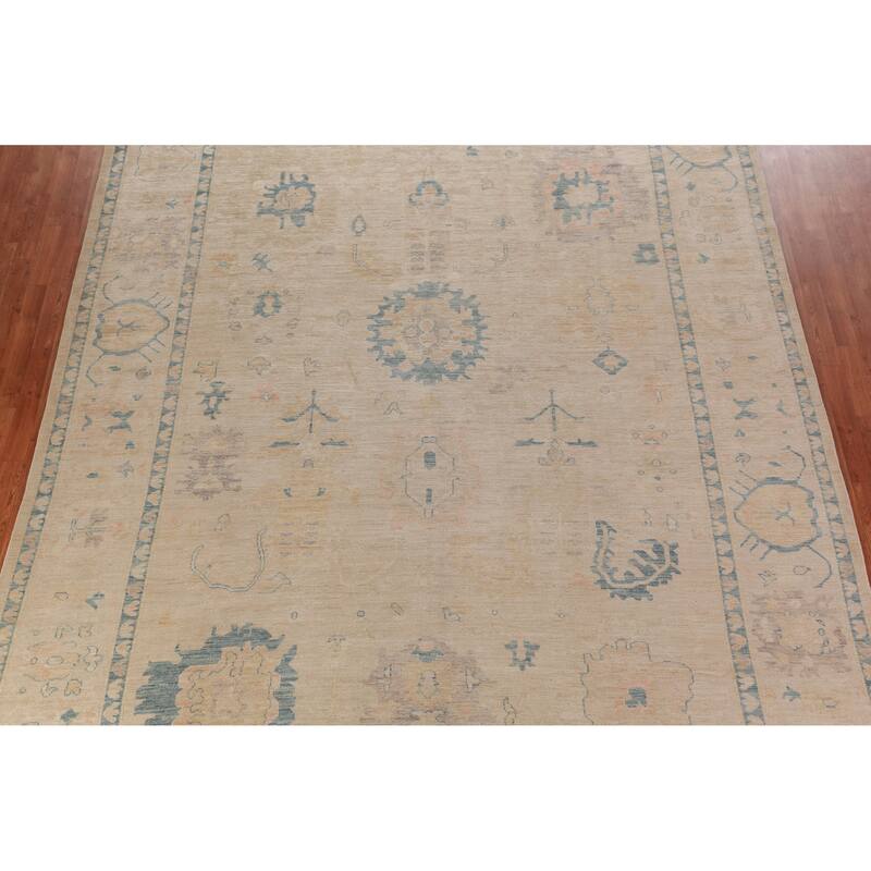 Hand Knotted Oriental 100% Wool Carpet Transitional All-Over Beige & Ivories Oushak Area Rug - 13' 5'' X 10' 1''