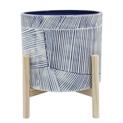 Navy Blue Ceramic Handmade Planter Pot on Natural Wood Stand
