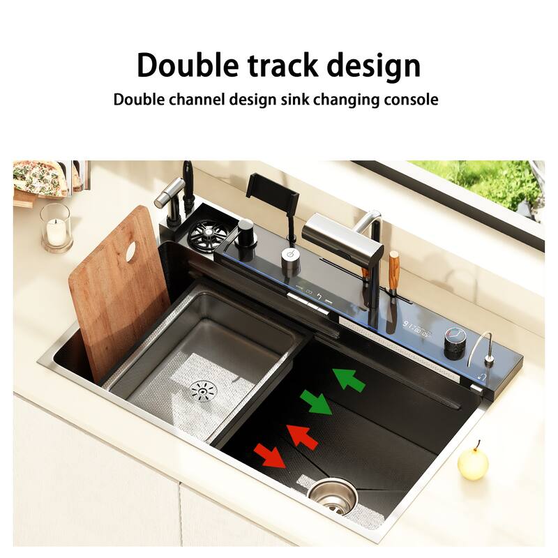 29.4 Inch Smart Kitchen Sink Workstation with LED Display, Multi-Function Faucet, Cutting Board & Drain Control