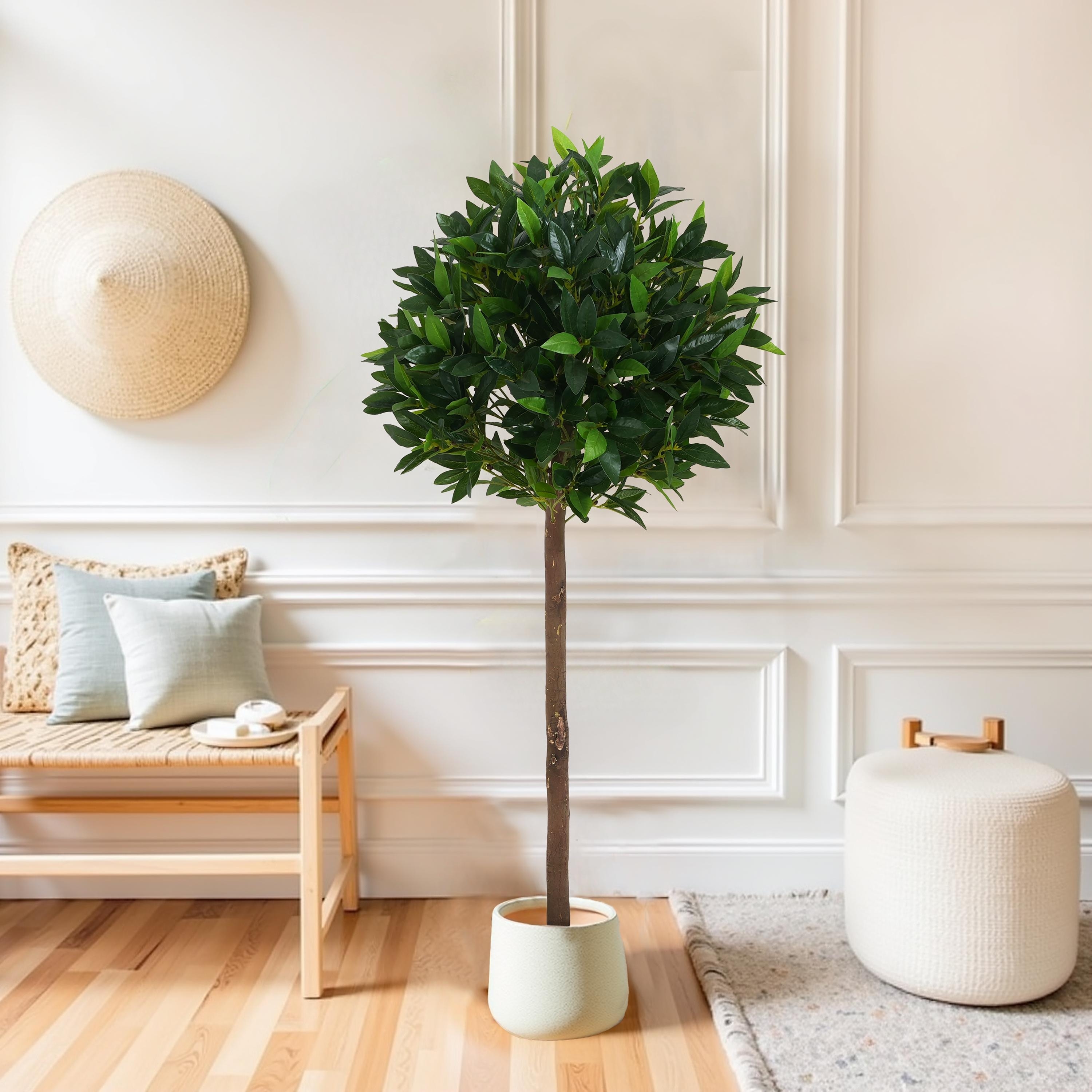 Roomfitters 49'' Artificial Topiary Bay Tree Ball Set of 2, Faux Indoor Decorative Plants with Black Plastic Pots for Home Décor