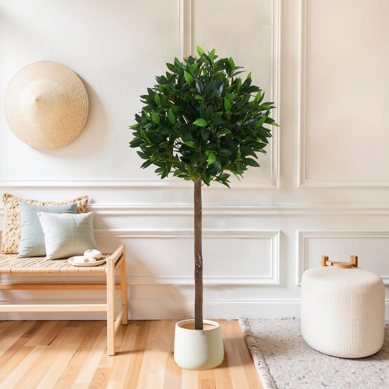 Roomfitters 49'' Artificial Topiary Bay Tree Ball Set of 2, Faux Indoor Decorative Plants with Black Plastic Pots for Home Décor - Green